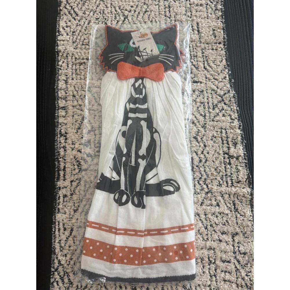 Vintage Inspired Halloween Black Skeleton Cat Kitchen Towel Hanging Embroidered